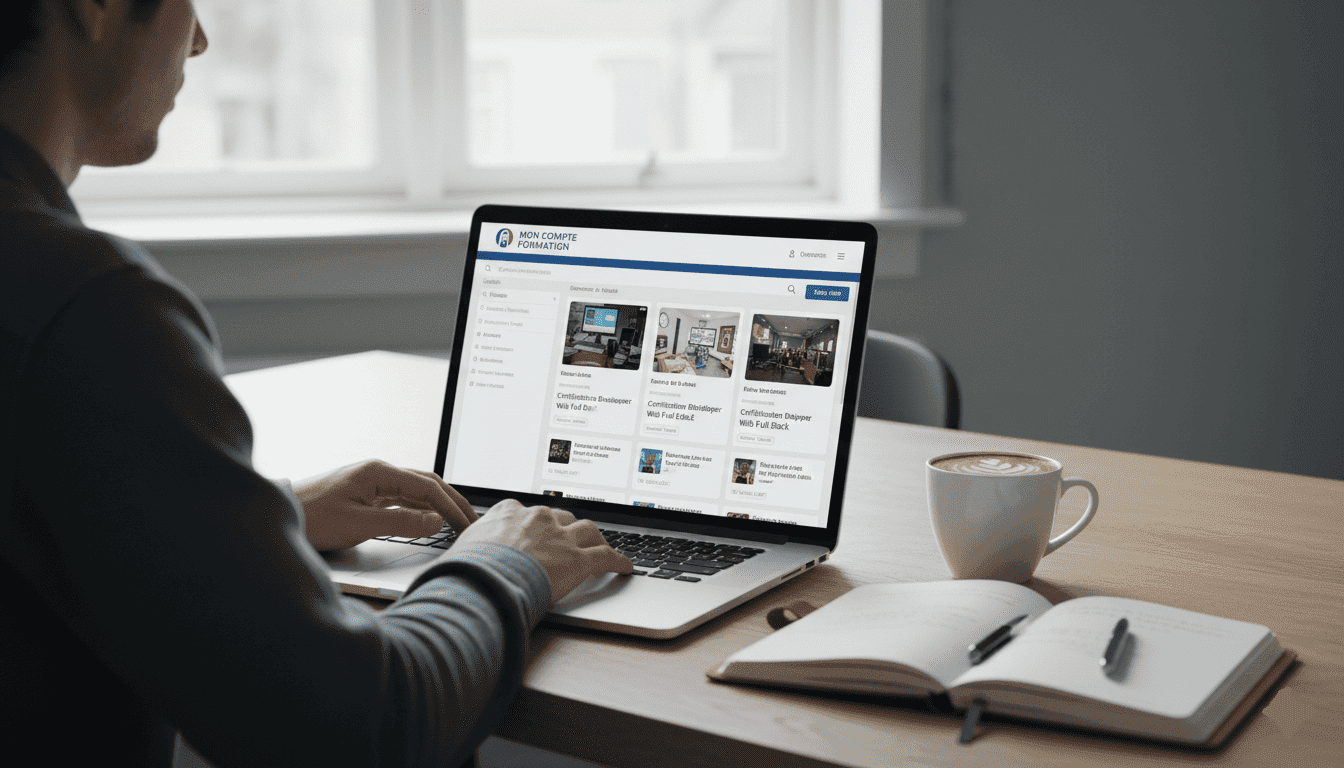 Personne utilisant un ordinateur portable pour rechercher une formation, interface avec résultats listés