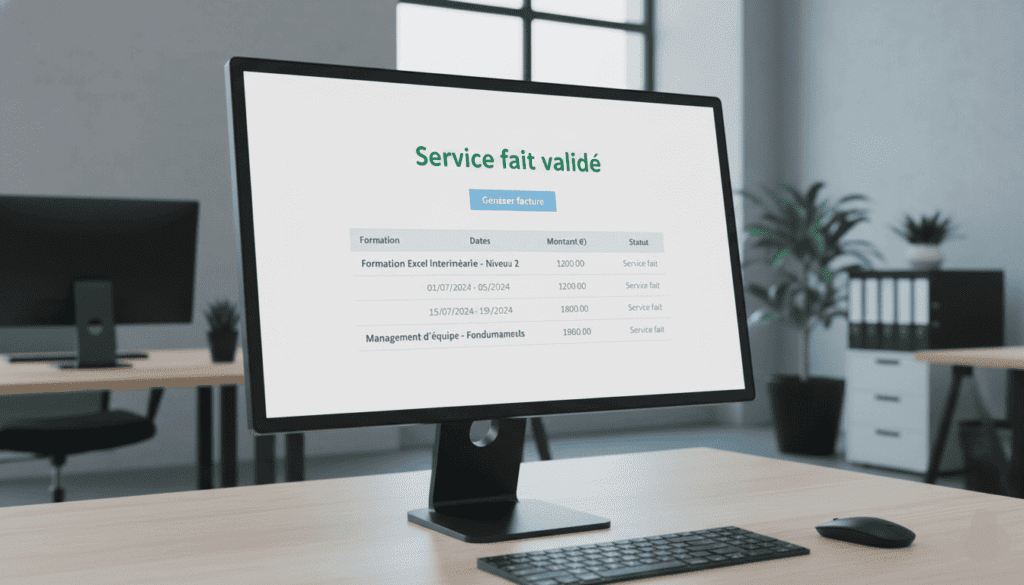 Écran d’ordinateur montrant une interface réaliste de gestion CPF avec statut “Service fait validé