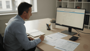 Formateur dans un bureau en train de finaliser une déclaration sur ordinateur, feuilles d’émargement signées visibles avec noms et signatures,