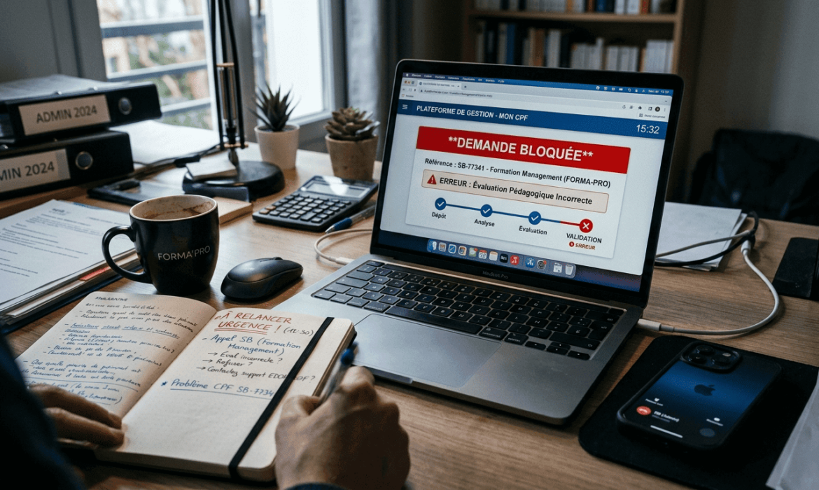 Bureau avec ordinateur affichant une demande bloquée, notes manuscrites “relancer”,