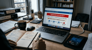 Bureau avec ordinateur affichant une demande bloquée, notes manuscrites “relancer”,