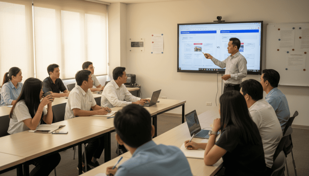 formateur dans une salle avec des participants