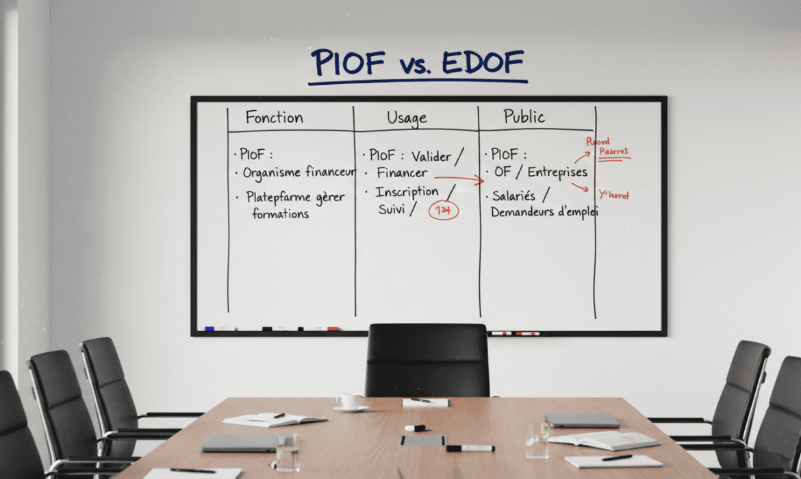 Salle de réunion avec tableau blanc indiquant “PIOF vs EDOF”