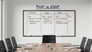 Salle de réunion avec tableau blanc indiquant “PIOF vs EDOF”
