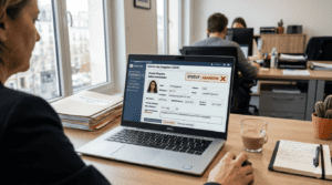 Écran d’ordinateur affichant un dossier stagiaire avec statut “abandon”