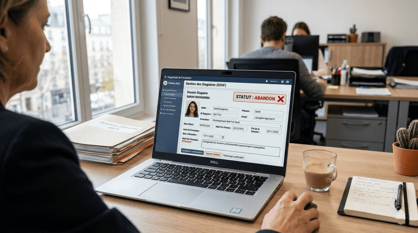 Écran d’ordinateur affichant un dossier stagiaire avec statut “abandon”