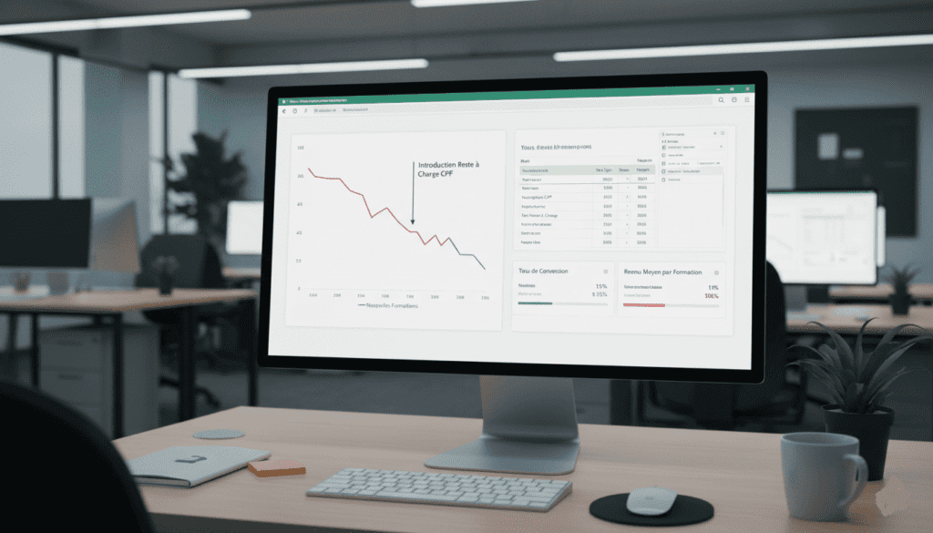 Écran d’ordinateur affichant un dashboard avec graphique montrant une baisse des inscriptions après introduction du “reste à charge CPF”