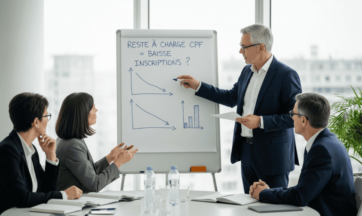 Salle de réunion avec dirigeants d’un organisme de formation, discussion autour d’un tableau blanc avec écrit “reste à charge CPF = baisse inscriptions ?”