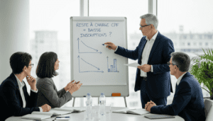 Salle de réunion avec dirigeants d’un organisme de formation, discussion autour d’un tableau blanc avec écrit “reste à charge CPF = baisse inscriptions ?”