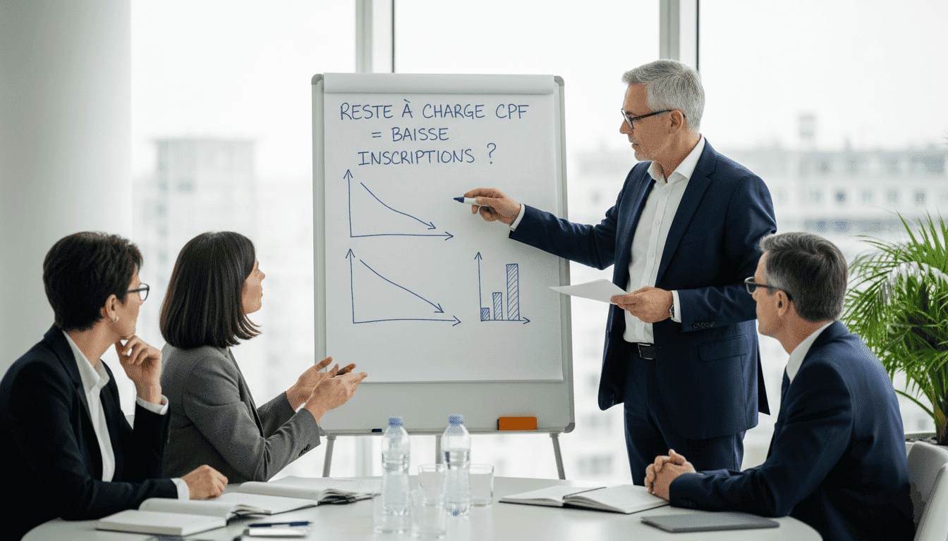 Salle de réunion avec dirigeants d’un organisme de formation, discussion autour d’un tableau blanc avec écrit “reste à charge CPF = baisse inscriptions ?”