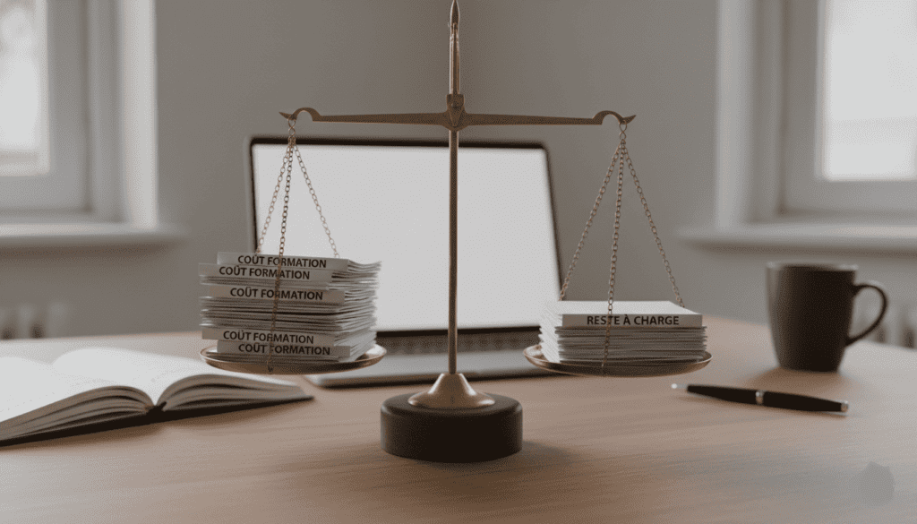 Bureau avec balance réelle, d’un côté pile de documents “coût formation”, de l’autre “reste à charge”