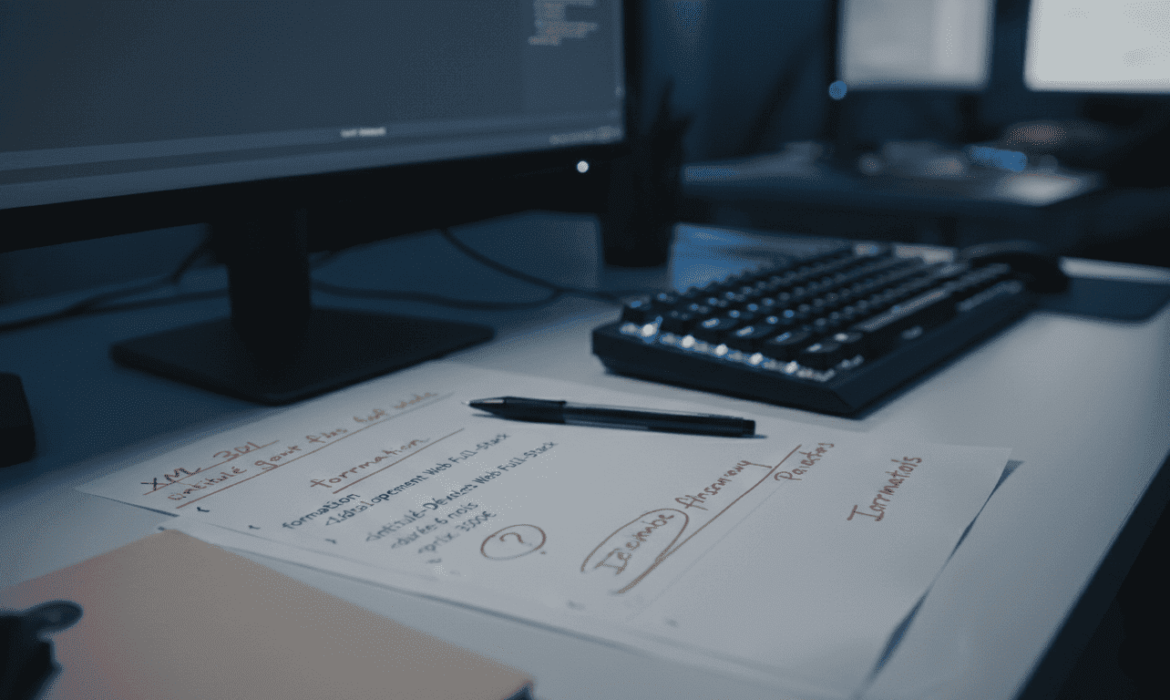 Impression papier d’un fichier XML avec balises visibles, annotations au stylo rouge, posé sur bureau avec clavier