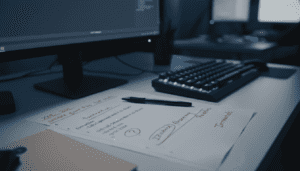 Impression papier d’un fichier XML avec balises visibles, annotations au stylo rouge, posé sur bureau avec clavier