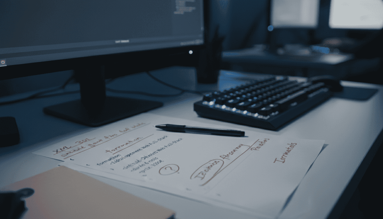 Impression papier d’un fichier XML avec balises visibles, annotations au stylo rouge, posé sur bureau avec clavier