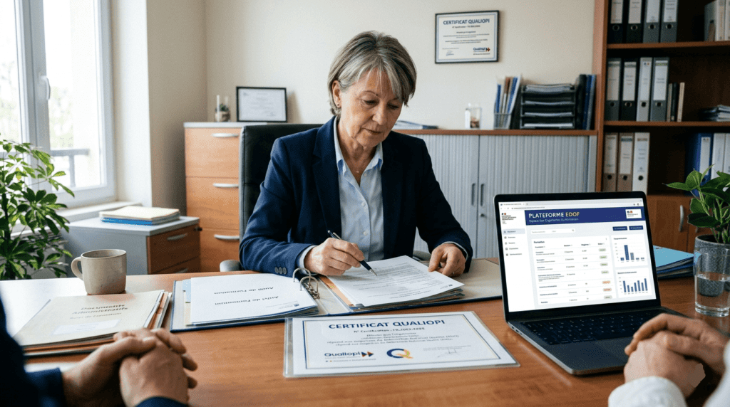 Auditeur qualité en train d’examiner un dossier avec certificat “Qualiopi” visible, documents administratifs