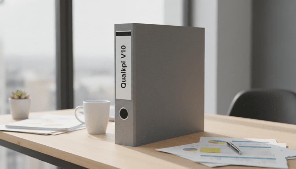 Dossier Qualiopi V10 et quelques documents posés sur un bureau moderne