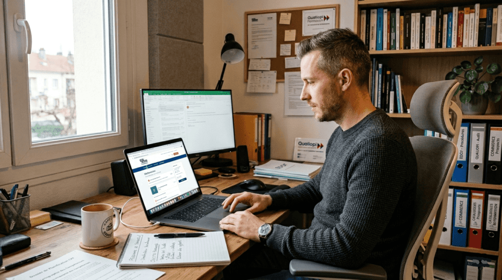 Entrepreneur ou formateur travaillant seul dans un petit bureau, notes manuscrites “CPF”, ordinateur ouvert sur plateforme