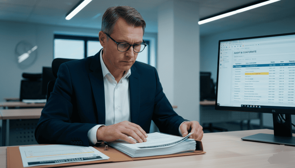 Inspecteur ou responsable qualité en train de vérifier un dossier de formation sur un bureau, documents avec mentions “EDOF”