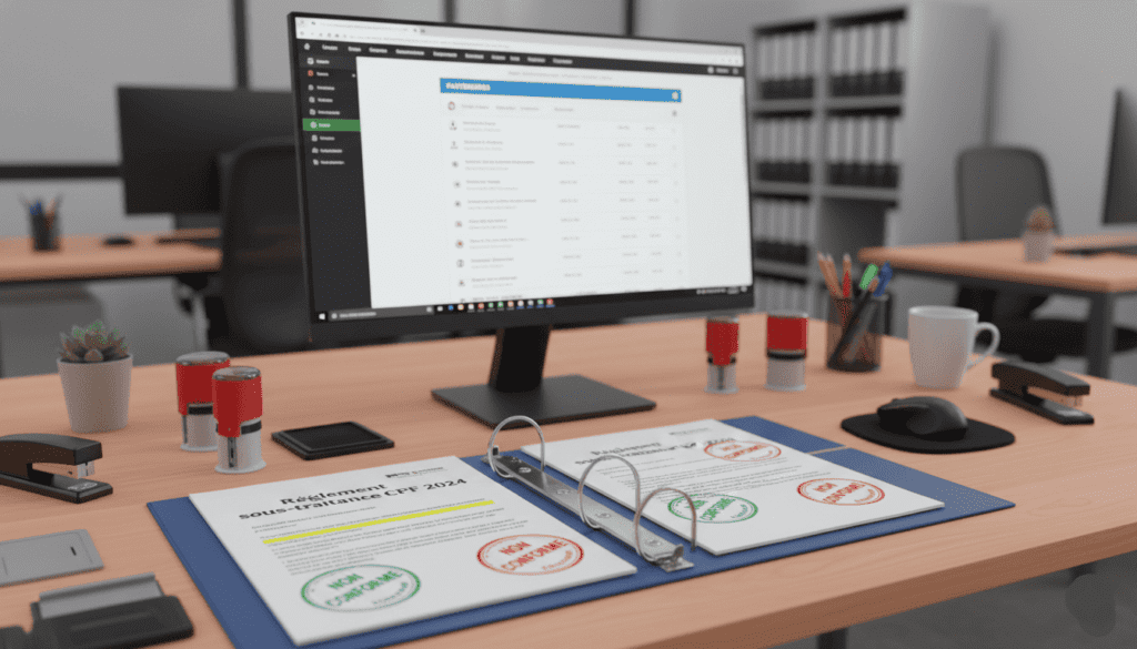 Bureau administratif très réaliste avec classeur ouvert contenant des documents “Règlement sous-traitance CPF 2024”