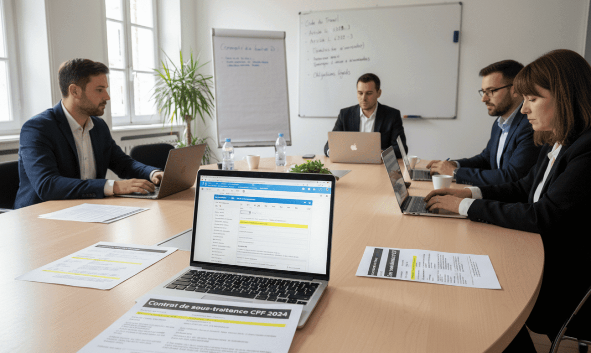 professionnels autour d’une table avec ordinateurs portables affichant une interface type EDOF, documents imprimés intitulés “Contrat de sous-traitance CPF 2024”