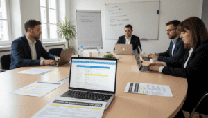 professionnels autour d’une table avec ordinateurs portables affichant une interface type EDOF, documents imprimés intitulés “Contrat de sous-traitance CPF 2024”