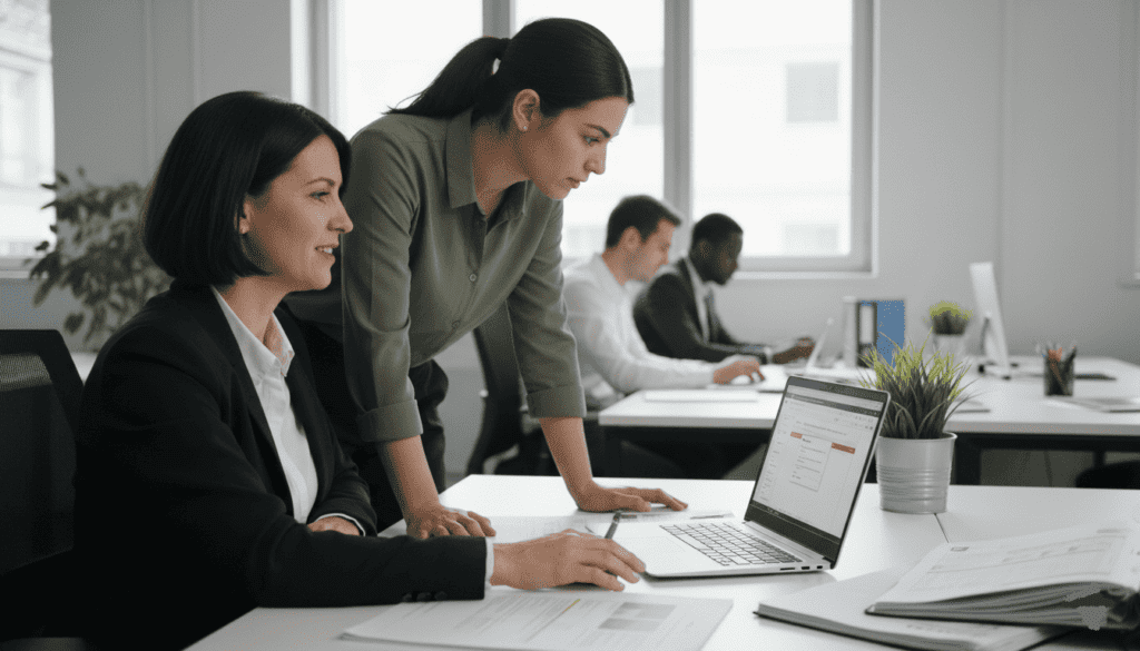 technicienne support aidant une responsable OF à résoudre un problème de connexion sur ordinateur portable