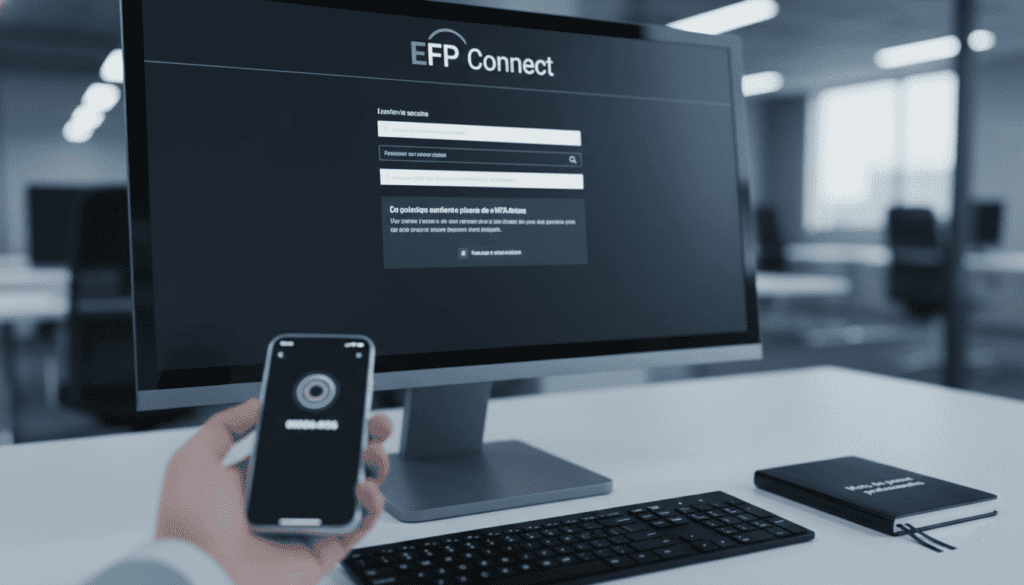 Gros plan photo réaliste sur un écran d’ordinateur affichant une page de connexion sécurisée “EFP Connect”, code MFA sur smartphone