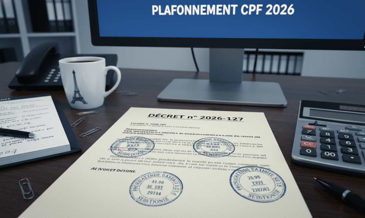 bureau administratif français avec un document officiel imprimé intitulé “Décret 2026-127”, tampons administratifs, calculatrice, écran affichant “plafonnement CPF 2026”, carnet de notes rempli, tasse de café