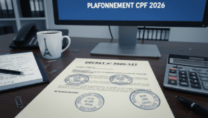 bureau administratif français avec un document officiel imprimé intitulé “Décret 2026-127”, tampons administratifs, calculatrice, écran affichant “plafonnement CPF 2026”, carnet de notes rempli, tasse de café