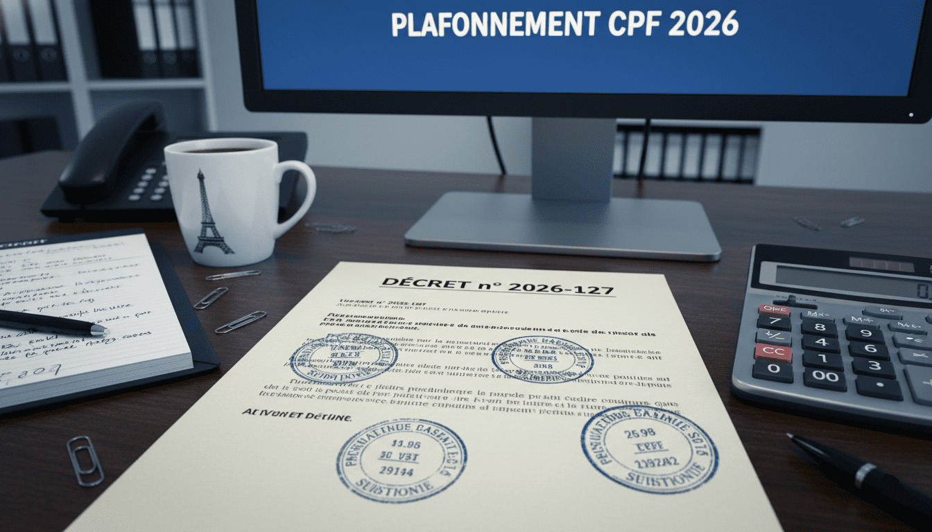 bureau administratif français avec un document officiel imprimé intitulé “Décret 2026-127”, tampons administratifs, calculatrice, écran affichant “plafonnement CPF 2026”, carnet de notes rempli, tasse de café