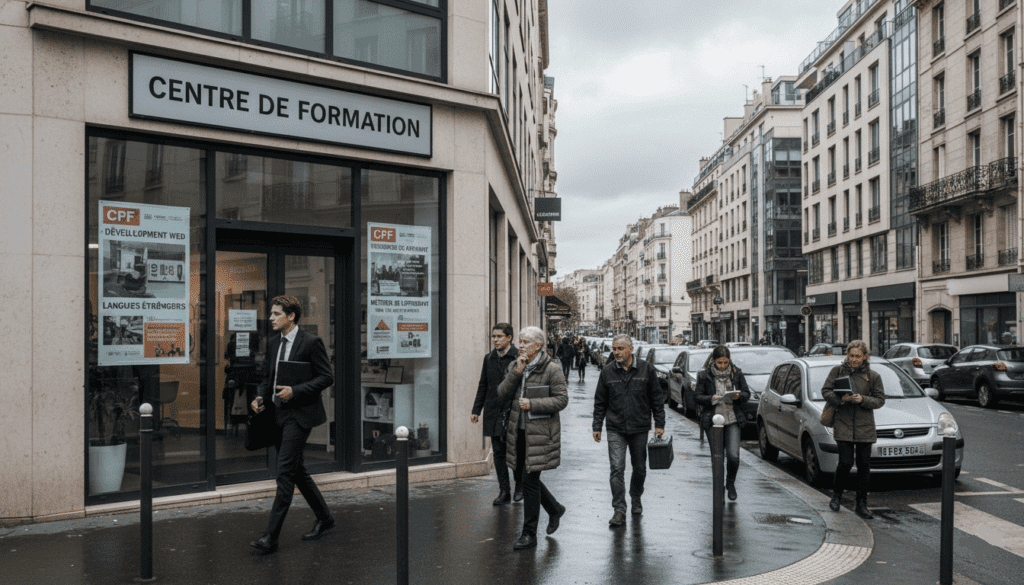 ne rue française animée devant un organisme de formation professionnelle, enseigne sobre “Centre de Formation”, passants variés