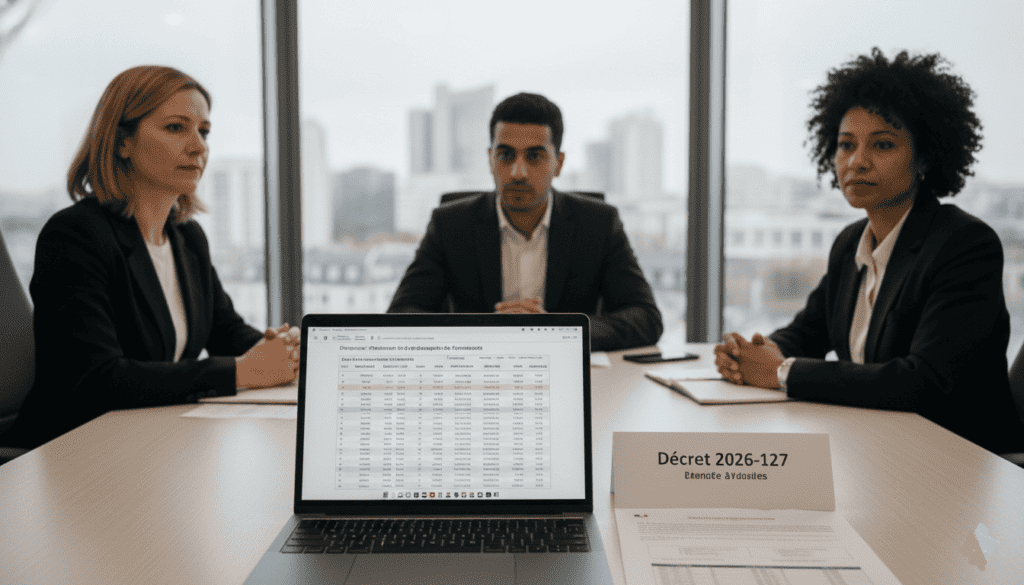 bureau moderne d’un organisme de formation français en 2026, réunion stratégique entre une directrice de centre de formation d’environ 45 ans, un responsable administratif maghrébin de 30 ans et une gestionnaire financière afro-européenne de 50 ans. Sur la table : ordinateur portable affichant un tableau de financement CPF, documents administratifs