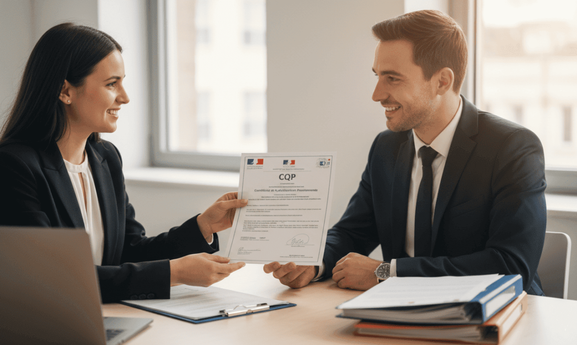 Deux professionels qui discutent dans un bureau; certificat de Qualification Pro