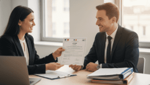 Qu'est-ce qu'un CQP (Certificat de Qualification Pro) 3 Deux professionels qui discutent dans un bureau; certificat de Qualification Pro