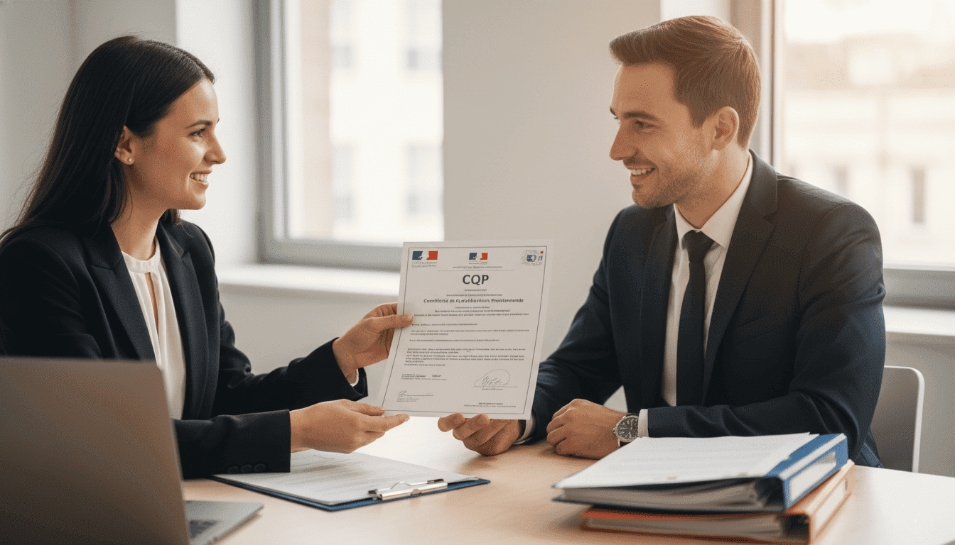 Deux professionels qui discutent dans un bureau; certificat de Qualification Pro
