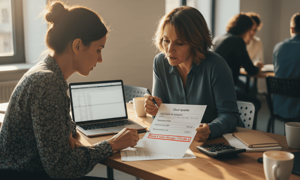 formateur indépendant et d’une cliente adulte étudiant un devis de formation avec un reste à charge de 150 €, table de coworking moderne, documents financiers