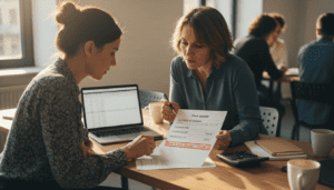 formateur indépendant et d’une cliente adulte étudiant un devis de formation avec un reste à charge de 150 €, table de coworking moderne, documents financiers