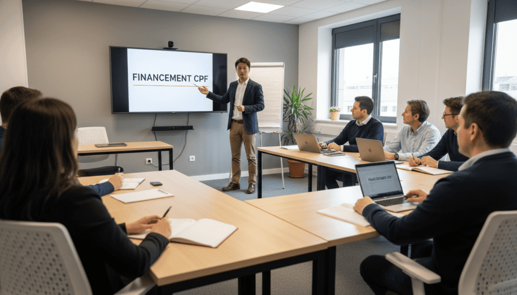 salle de formation professionnelle française avec plusieurs adultes en reconversion, ambiance studieuse, écran affichant “Financement CPF”