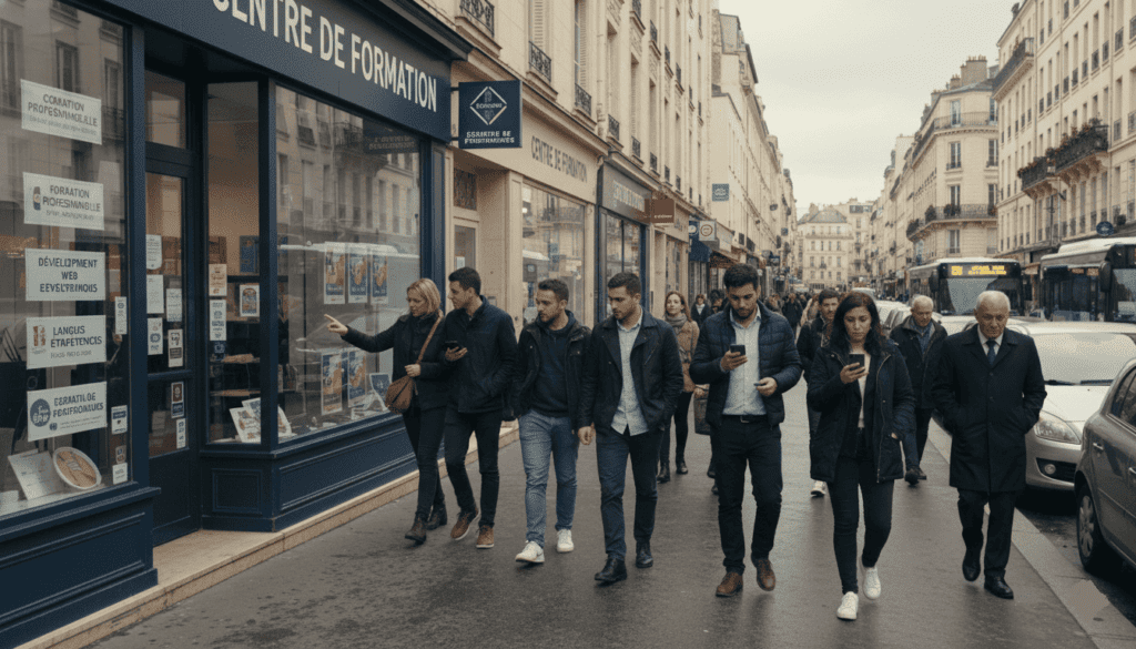 affiches “formation professionnelle”, passants consultant leurs smartphones,