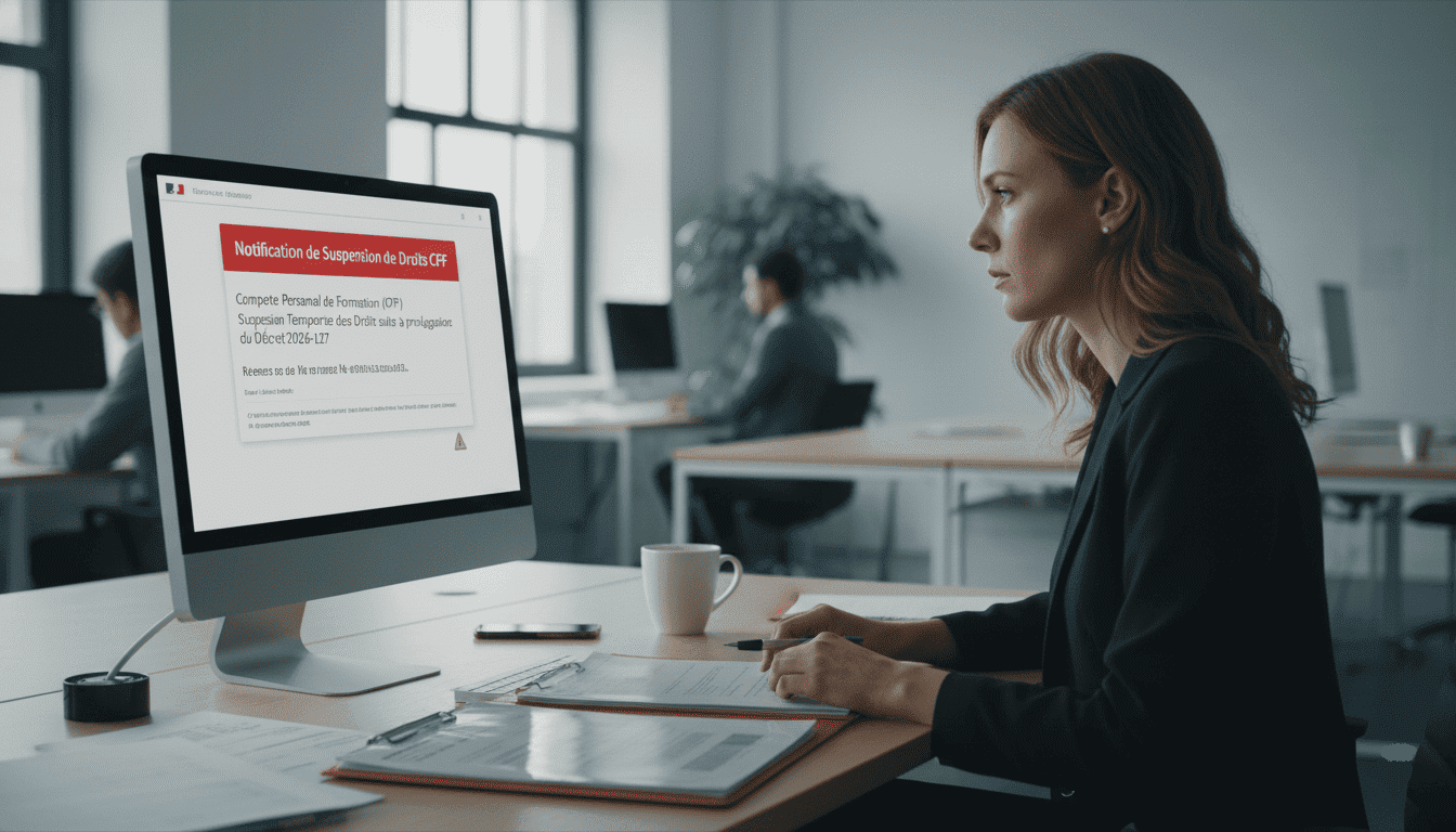 responsable administrative d’organisme de formation française recevant une notification de suspension CPF sur son ordinateur
