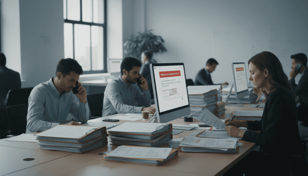 service administratif OF avec plusieurs employés travaillant sur des dossiers CPF suspendus, téléphones, ordinateurs, piles de documents
