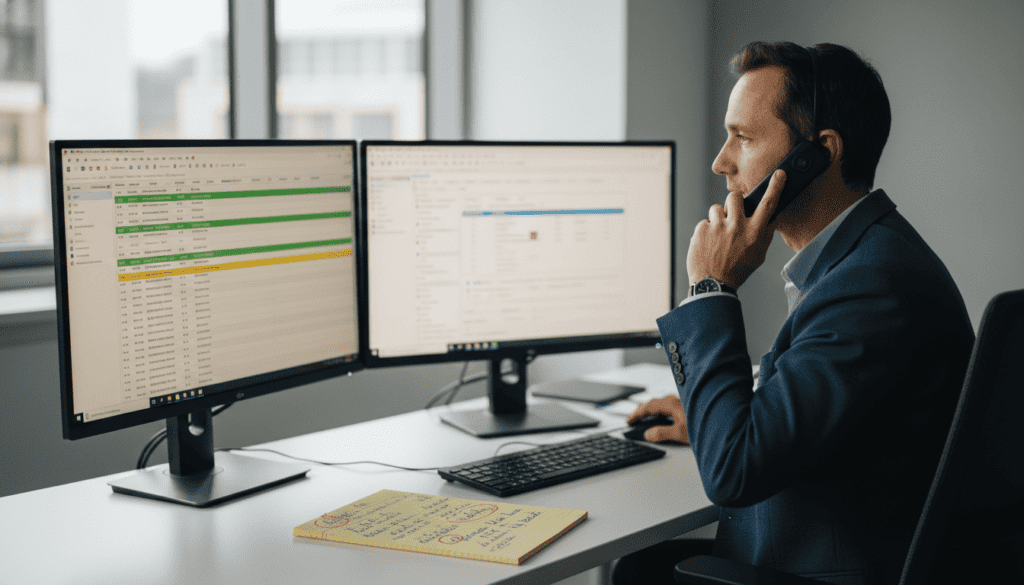 onseiller OF en appel téléphonique avec un organisme public, bureau professionnel français, double écran affichant tableaux de suivi CPF et emails administratifs, notes manuscrites “dossier suspendu”